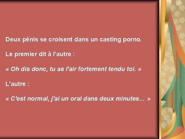 Deux pénis se croisent dans un casting porno. Le premier dit à l'autre :