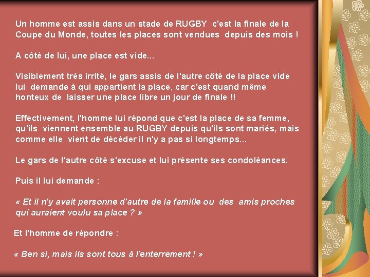 Un homme est assis dans un stade de RUGBY c'est la finale de la