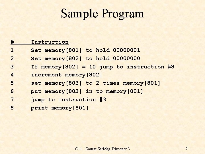 Sample Program # 1 2 3 4 5 6 7 8 Instruction Set memory[801]