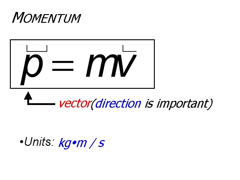 MOMENTUM vector(direction is important) • Units: kg m / s 