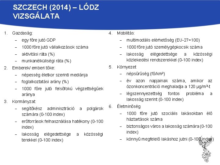 SZCZECH (2014) – LÓDZ VIZSGÁLATA 1. 2. 3. 4. Gazdaság: Mobilitás: egy főre jutó