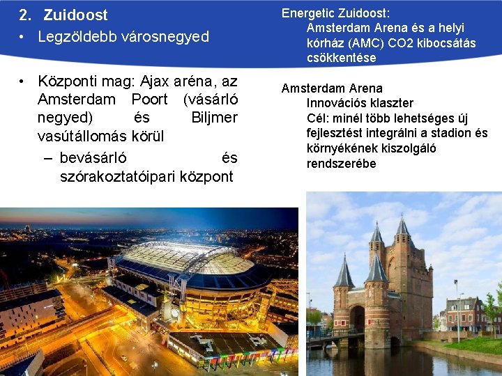 2. Zuidoost • Legzöldebb városnegyed • Központi mag: Ajax aréna, az Amsterdam Poort (vásárló