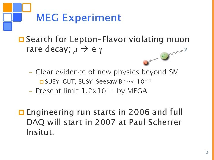 MEG Experiment p Search for Lepton-Flavor violating muon rare decay; e – Clear evidence