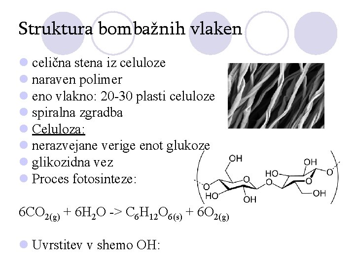 Struktura bombažnih vlaken l celična stena iz celuloze l naraven polimer l eno vlakno: