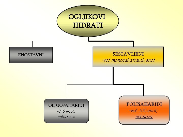 OGLJIKOVI HIDRATI SESTAVLJENI -več monosaharidnih enot ENOSTAVNI OLIGOSAHARIDI -2 -6 enot; saharoza POLISAHARIDI -več