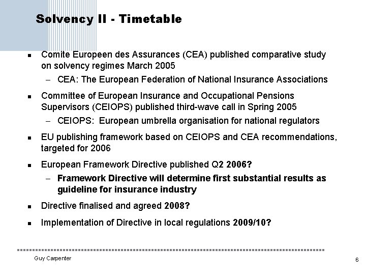 Solvency II - Timetable n n Comite Europeen des Assurances (CEA) published comparative study