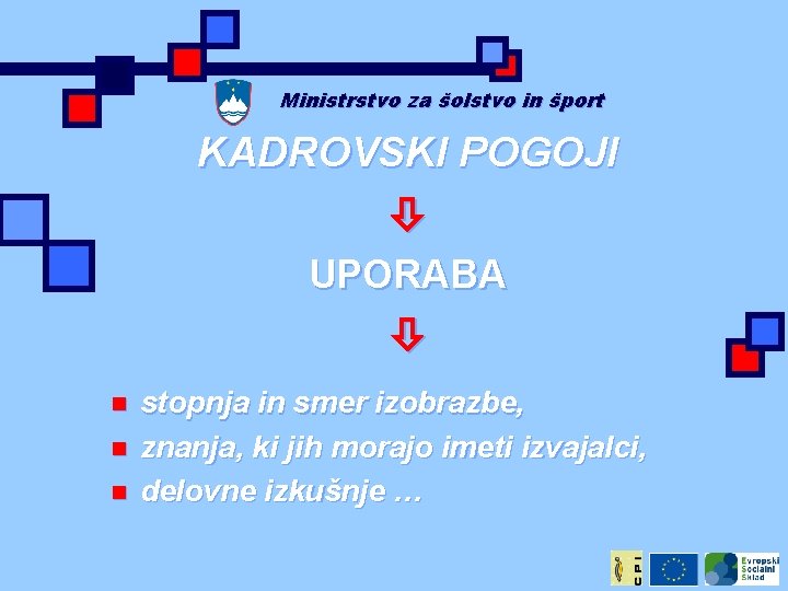 Ministrstvo za šolstvo in šport KADROVSKI POGOJI UPORABA n n n stopnja in smer