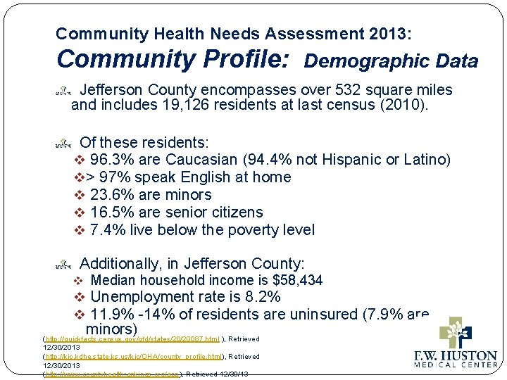 Community Health Needs Assessment 2013: Community Profile: Demographic Data Jefferson County encompasses over 532