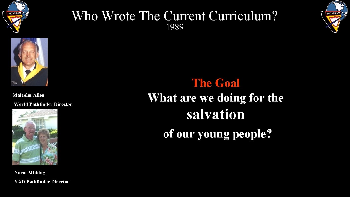 Who Wrote The Current Curriculum? 1989 Malcolm Allen World Pathfinder Director The Goal What
