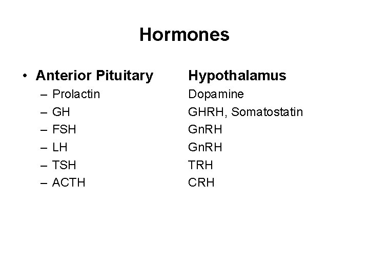 Hormones • Anterior Pituitary – – – Prolactin GH FSH LH TSH ACTH Hypothalamus