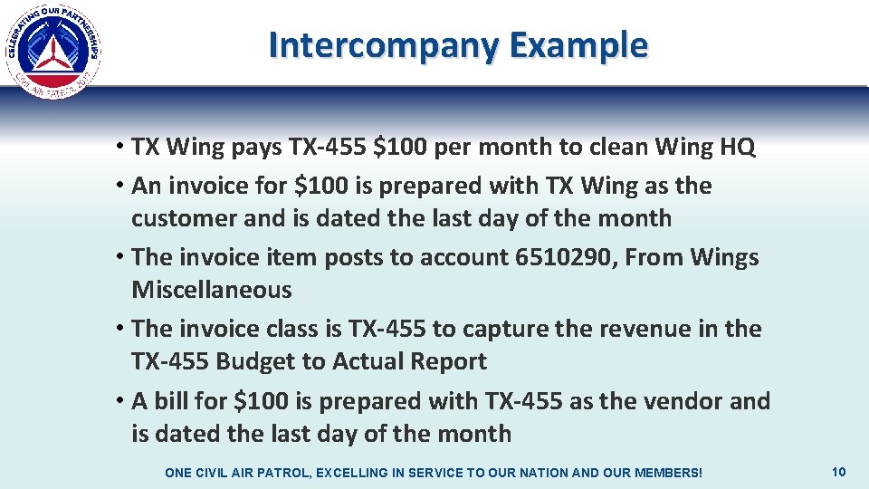 Intercompany Example • TX Wing pays TX-455 $100 per month to clean Wing HQ