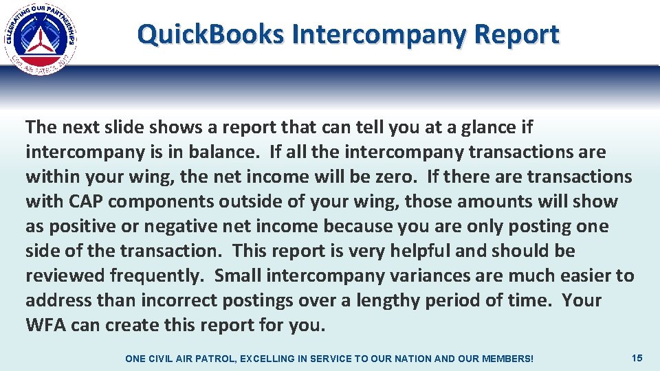 Quick. Books Intercompany Report The next slide shows a report that can tell you