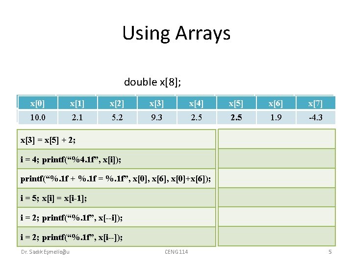 Using Arrays double x[8]; x[0] 10. 0 x[1] 2. 1 x[2] 5. 2 x[3]