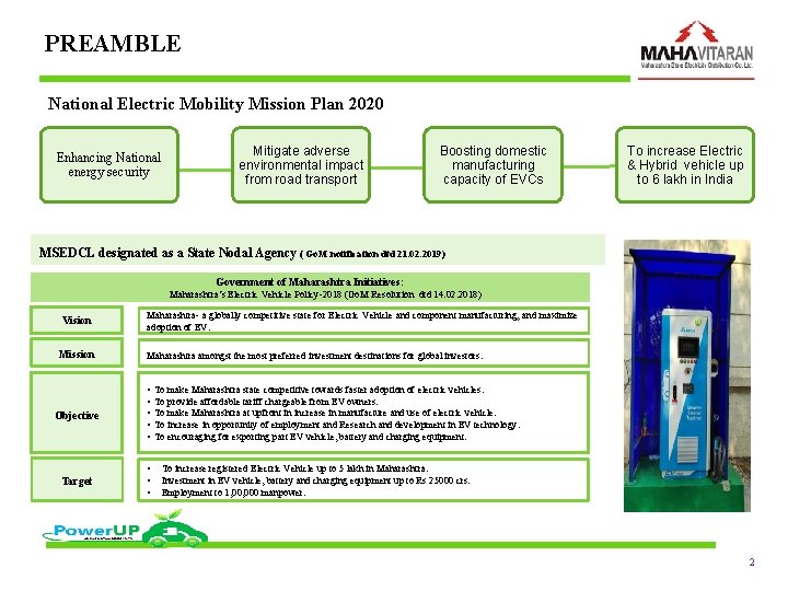 PREAMBLE National Electric Mobility Mission Plan 2020 Enhancing National energy security Mitigate adverse environmental