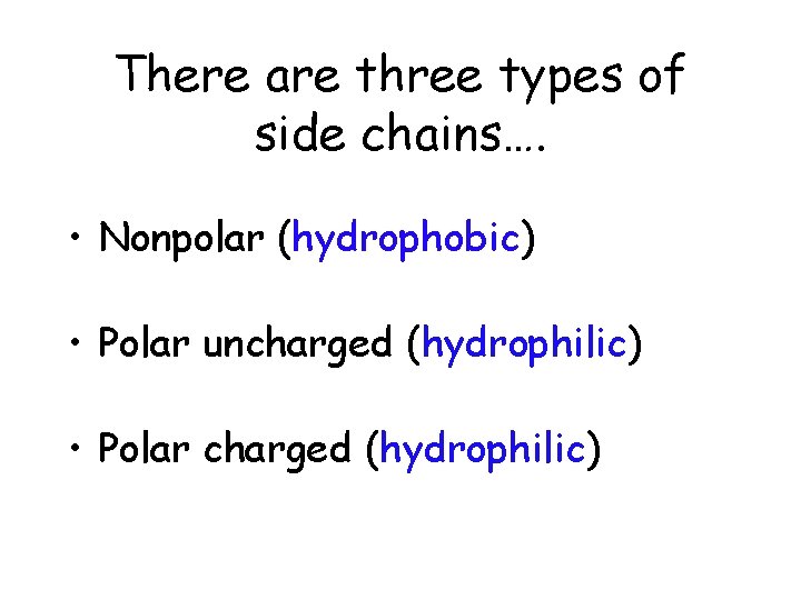 There are three types of side chains…. • Nonpolar (hydrophobic) • Polar uncharged (hydrophilic)
