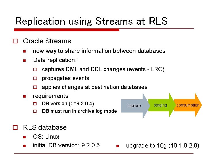 Replication using Streams at RLS o Oracle Streams n new way to share information