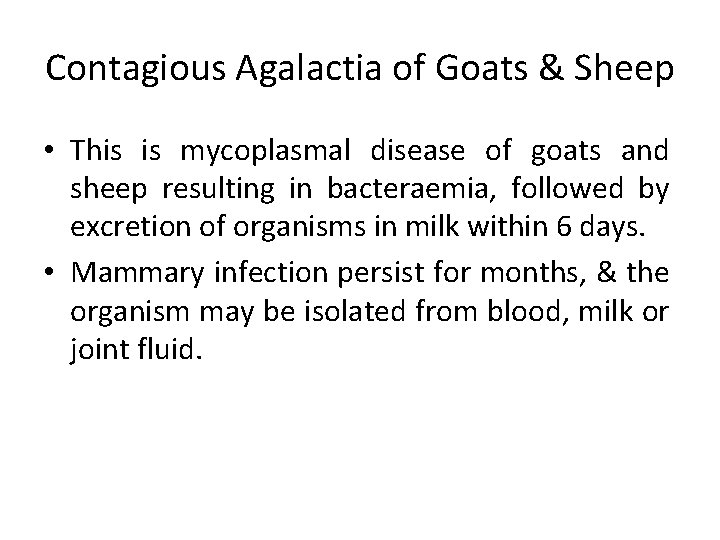 Contagious Agalactia of Goats & Sheep • This is mycoplasmal disease of goats and