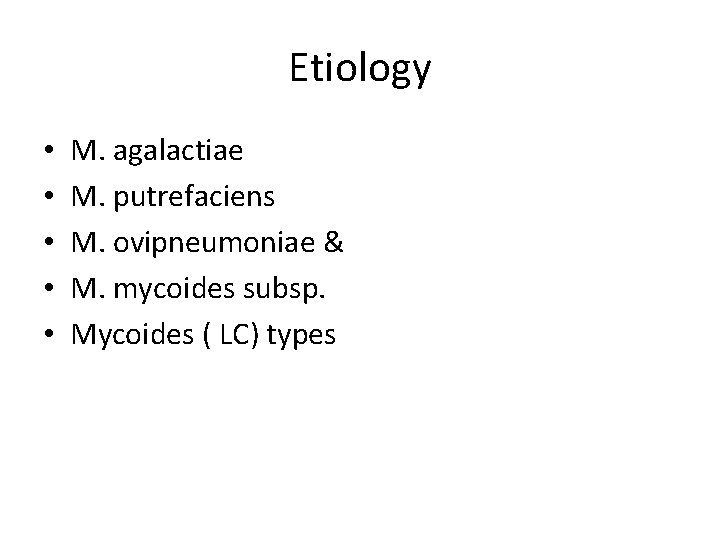 Etiology • • • M. agalactiae M. putrefaciens M. ovipneumoniae & M. mycoides subsp.