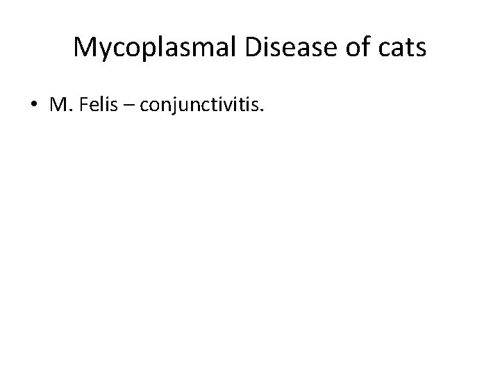 Mycoplasmal Disease of cats • M. Felis – conjunctivitis. 