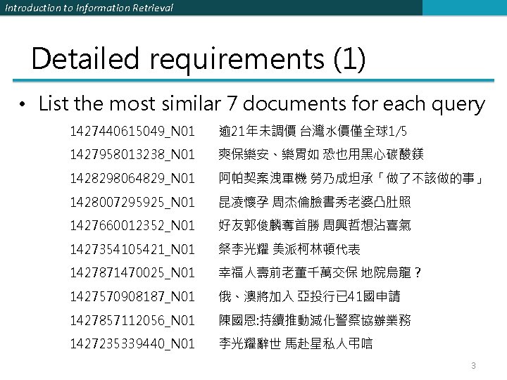 Introduction to Information Retrieval Detailed requirements (1) • List the most similar 7 documents