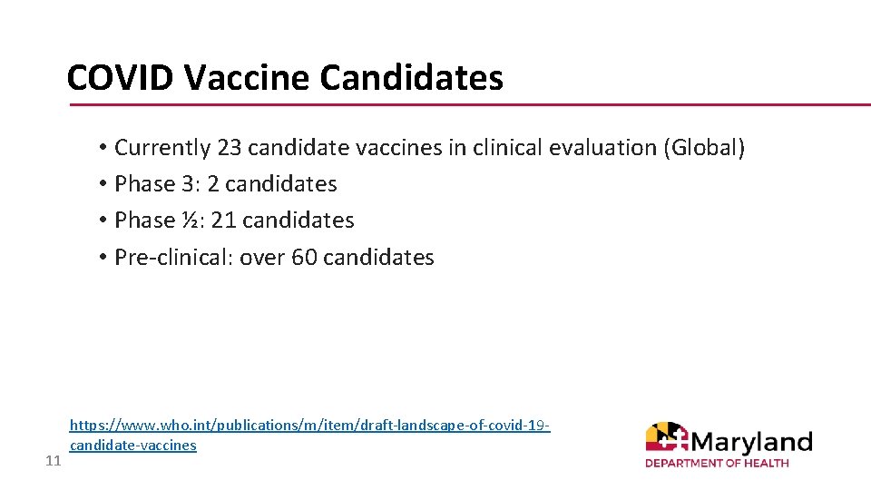 COVID Vaccine Candidates • Currently 23 candidate vaccines in clinical evaluation (Global) • Phase