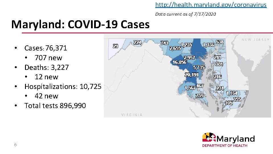 http: //health. maryland. gov/coronavirus Maryland: COVID-19 Cases • Cases: 76, 371 • 707 new