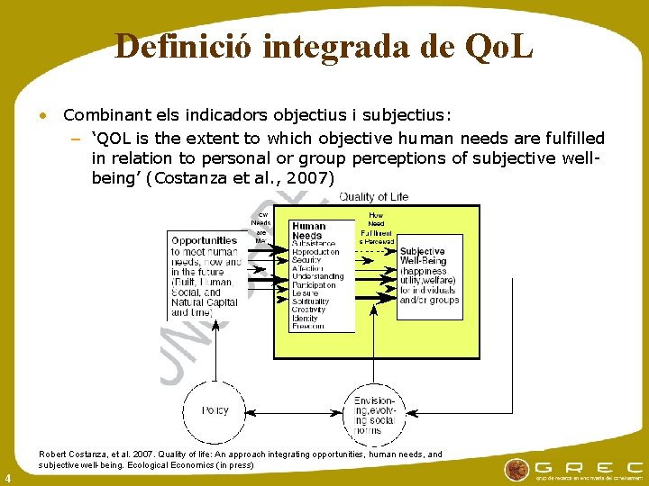 Definició integrada de Qo. L • Combinant els indicadors objectius i subjectius: – ‘QOL