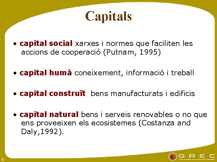Capitals • capital social xarxes i normes que faciliten les accions de cooperació (Putnam,