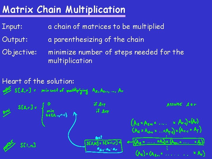 Matrix Chain Multiplication Input: a chain of matrices to be multiplied Output: a parenthesizing