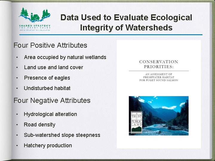 Data Used to Evaluate Ecological Integrity of Watersheds Four Positive Attributes • Area occupied