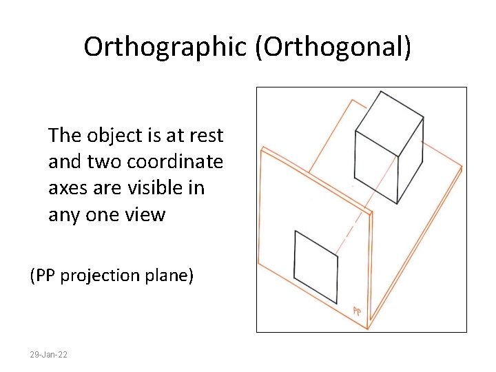 Orthographic (Orthogonal) The object is at rest and two coordinate axes are visible in