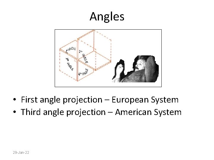 Angles • First angle projection – European System • Third angle projection – American