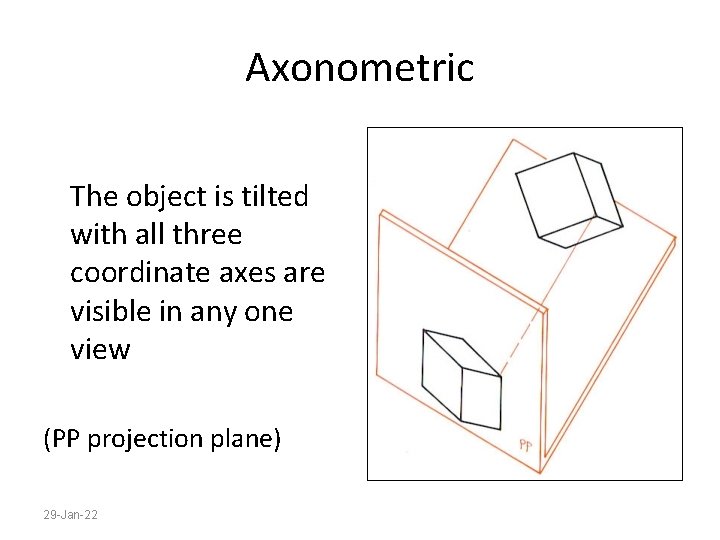 Axonometric The object is tilted with all three coordinate axes are visible in any