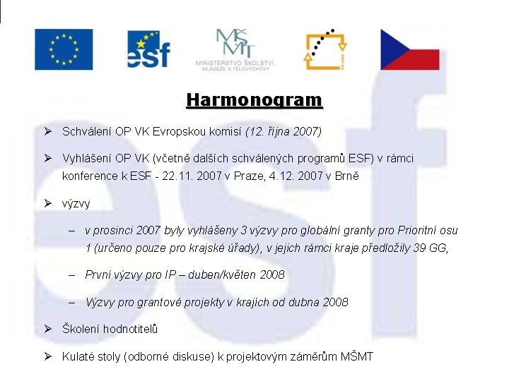 Harmonogram Ø Schválení OP VK Evropskou komisí (12. října 2007) Ø Vyhlášení OP VK