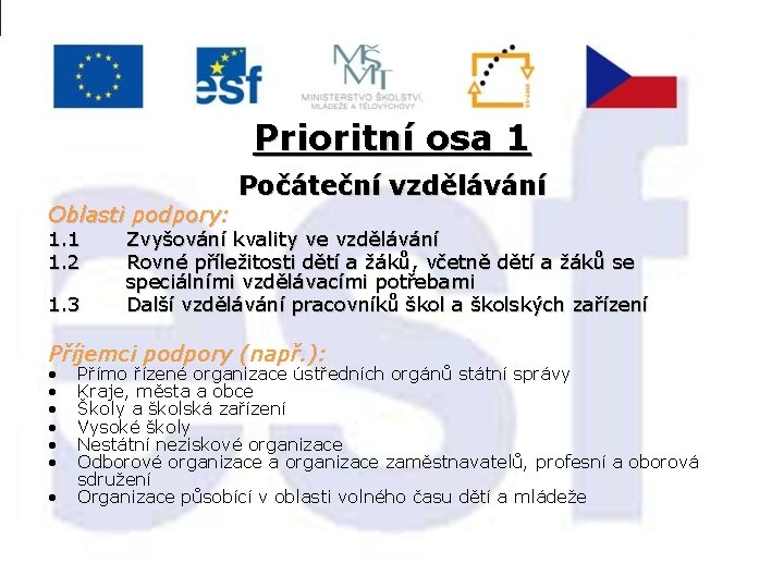 Prioritní osa 1 Oblasti podpory: 1. 1 1. 2 1. 3 Počáteční vzdělávání Zvyšování