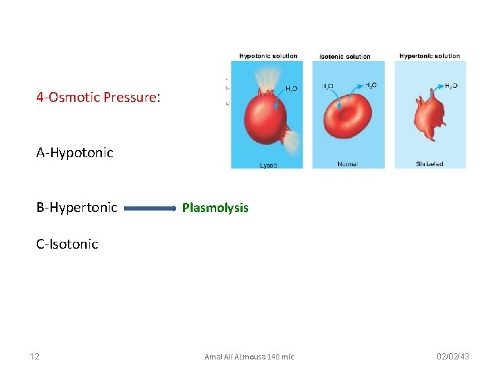 4 -Osmotic Pressure: A-Hypotonic B-Hypertonic Plasmolysis C-Isotonic 12 Amal Ali ALmousa 140 mic 02/02/43