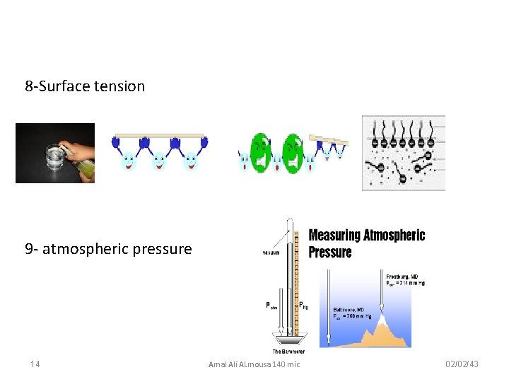 8 -Surface tension 9 - atmospheric pressure 14 Amal Ali ALmousa 140 mic 02/02/43