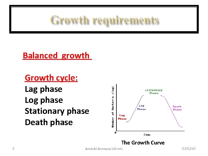 Balanced growth Growth cycle: Lag phase Log phase Stationary phase Death phase The Growth