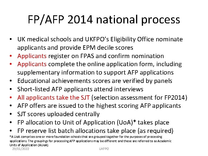 FP/AFP 2014 national process • UK medical schools and UKFPO’s Eligibility Office nominate applicants