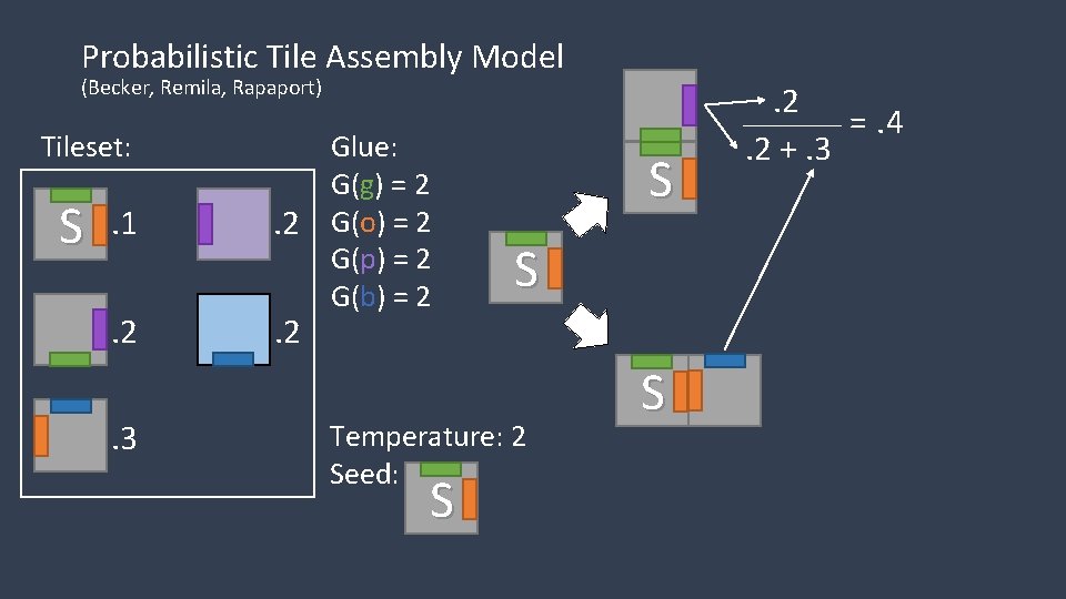 Probabilistic Tile Assembly Model (Becker, Remila, Rapaport) Tileset: S . 1. 2. 3 Glue: