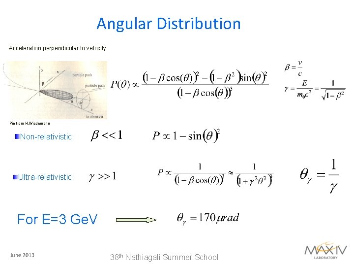 Angular Distribution Acceleration perpendicular to velocity Pic from H. Wiedemann Non-relativistic Ultra-relativistic For E=3 Angular Distribution Acceleration perpendicular to velocity Pic from H. Wiedemann Non-relativistic Ultra-relativistic For E=3