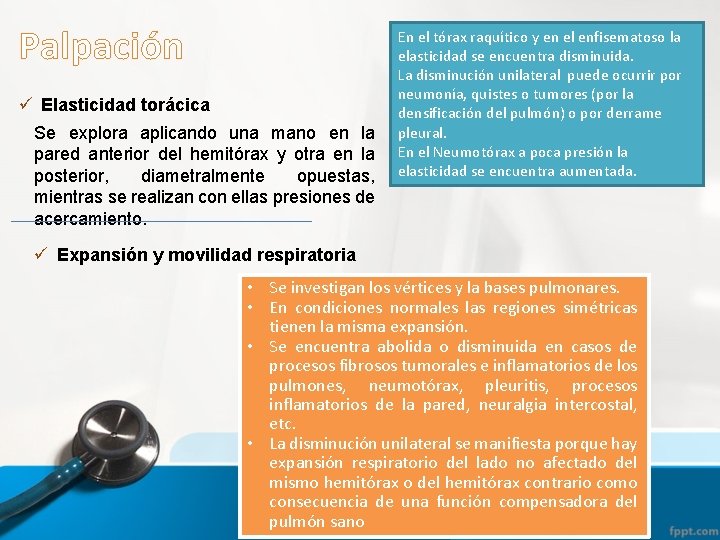 Palpación ü Elasticidad torácica Se explora aplicando una mano en la pared anterior del