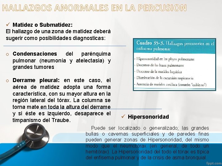 HALLAZGOS ANORMALES EN LA PERCUSION ü Matidez o Submatidez: El hallazgo de una zona