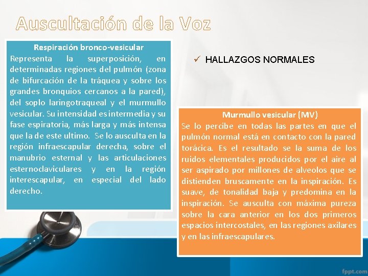 Auscultación de la Voz Respiración bronco-vesicular Representa la superposición, en determinadas regiones del pulmón