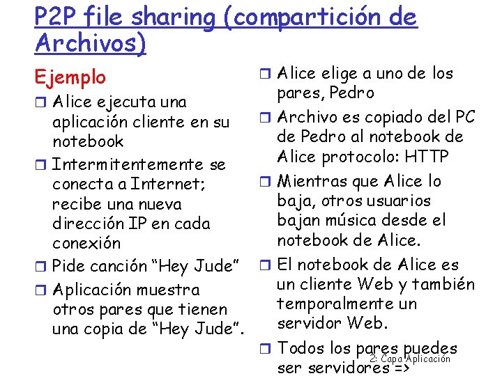 P 2 P file sharing (compartición de Archivos) Ejemplo Alice elige a uno de