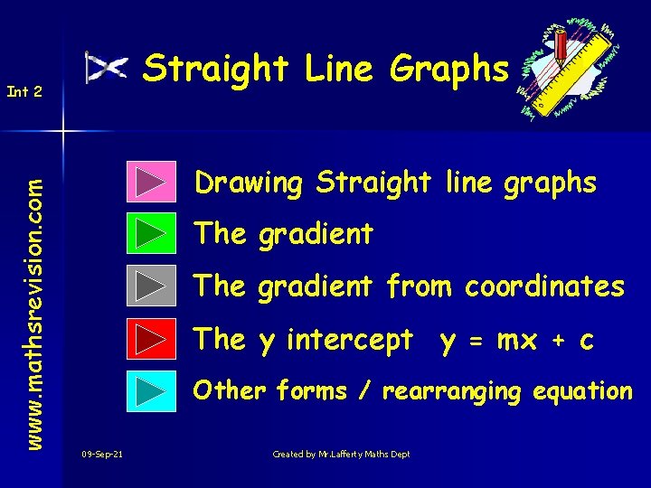 Straight Line Graphs www. mathsrevision. com Int 2 Drawing Straight line graphs The gradient