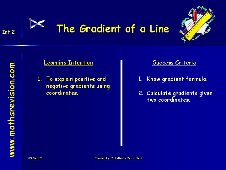 The Gradient of a Line www. mathsrevision. com Int 2 Learning Intention Success Criteria