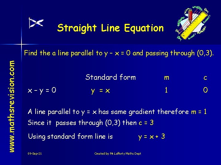 Straight Line Equation www. mathsrevision. com Find the a line parallel to y –