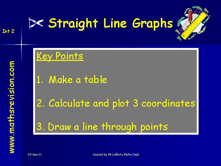 Straight Line Graphs www. mathsrevision. com Int 2 Key Points 1. Make a table