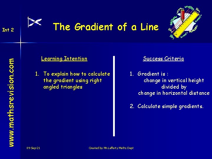 The Gradient of a Line www. mathsrevision. com Int 2 Learning Intention Success Criteria